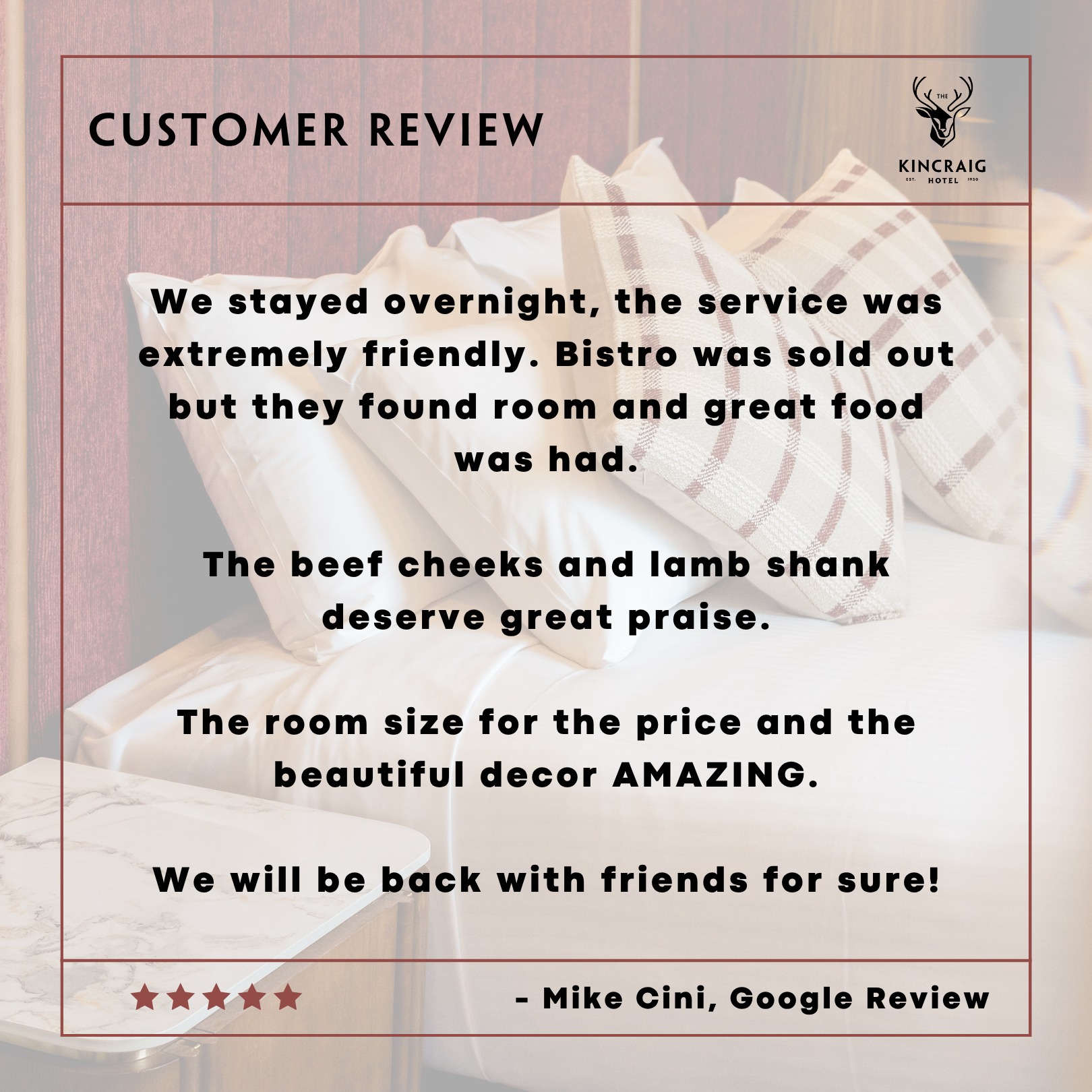 Feedback like this is why we love hospitality!

Thank you to Mike for your lovely words - we can't wait to host you & your friends again in the near future!