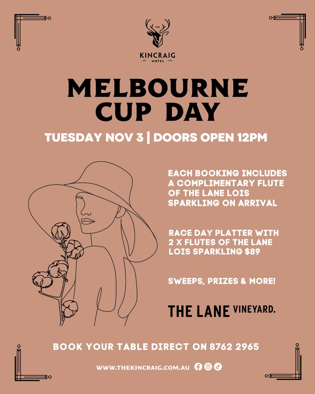A little dressed up. A little local hospitality. 🥂

Melbourne Cup at Kincraig
 round up your favourite company and settle in for an afternoon of sweeps, prizes and a good old catch-up.

🍾 Complimentary flute of The Lane Lois Sparkling on arrival with each booking
🍴 Race day platter + two flutes of Lois Sparkling for $89

🏇 Tuesday 3 November | Doors open 12pm

Give us a bell on 8722 2965 to book your table.