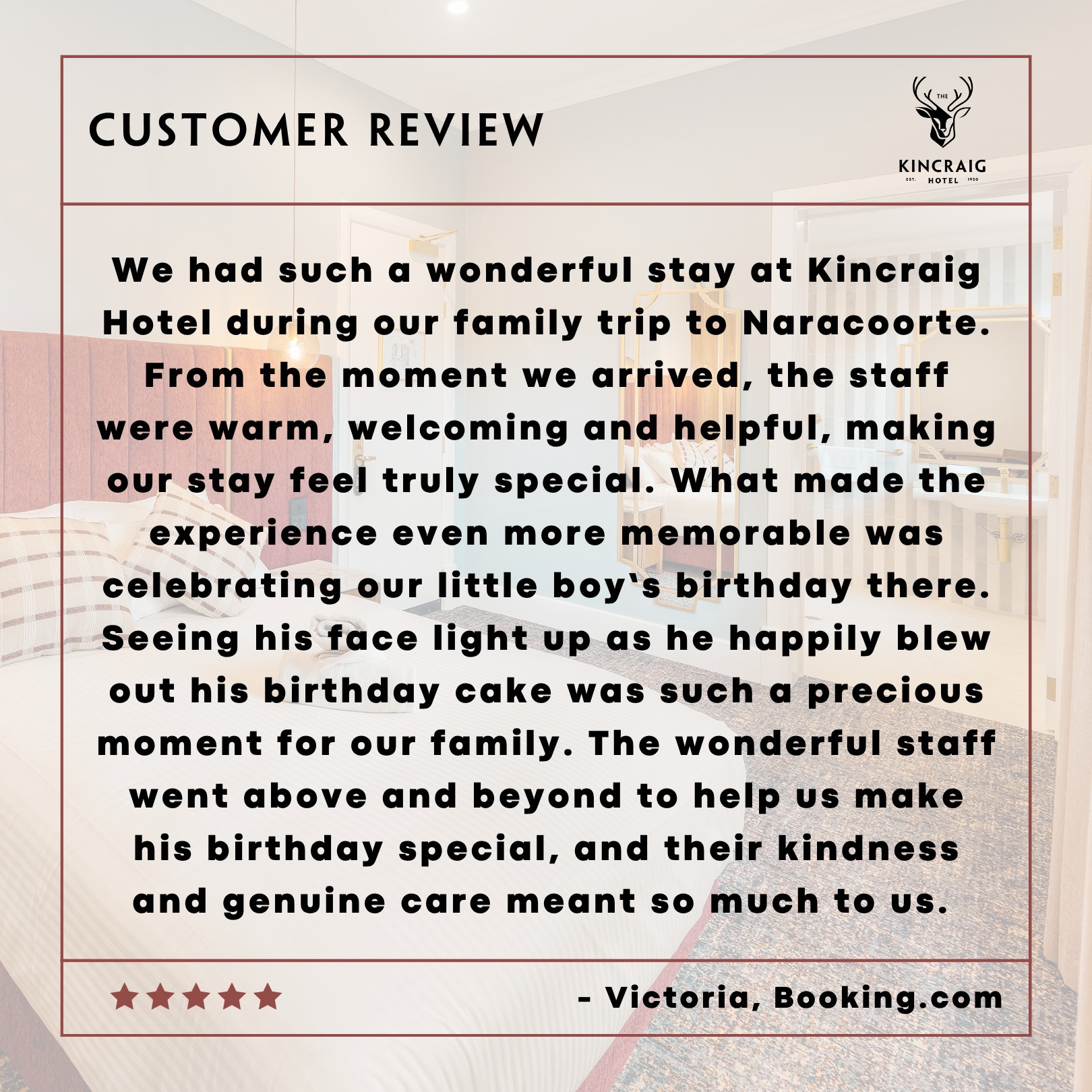 Thank you for your kind words Victoria!

We love to receive your feedback & aim to make your stay, dinner, or special occasion a memorable one at the Kincraig Hotel.